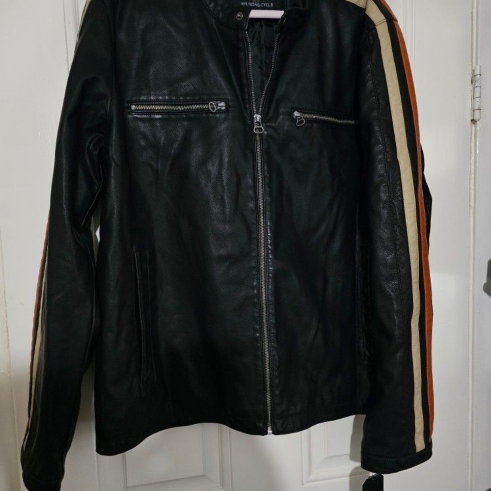 Wilsons Leather Black and Orange Varsity Bomber Jacket